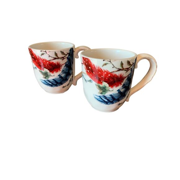 Pier 1 Imports Feather Branch Hand Painted Ironstone Set of 2 Coffee Mug Cups